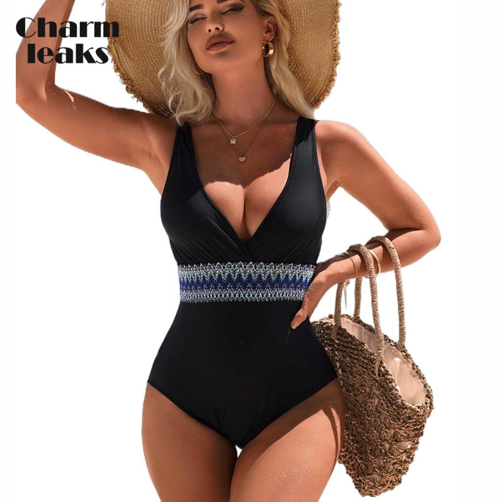 CHARMLEAKS One Piece Swimsuit Women Tummy Tuck Waist Design V Collar Bathing Suit Sexy Monokini Swimwear S-XL