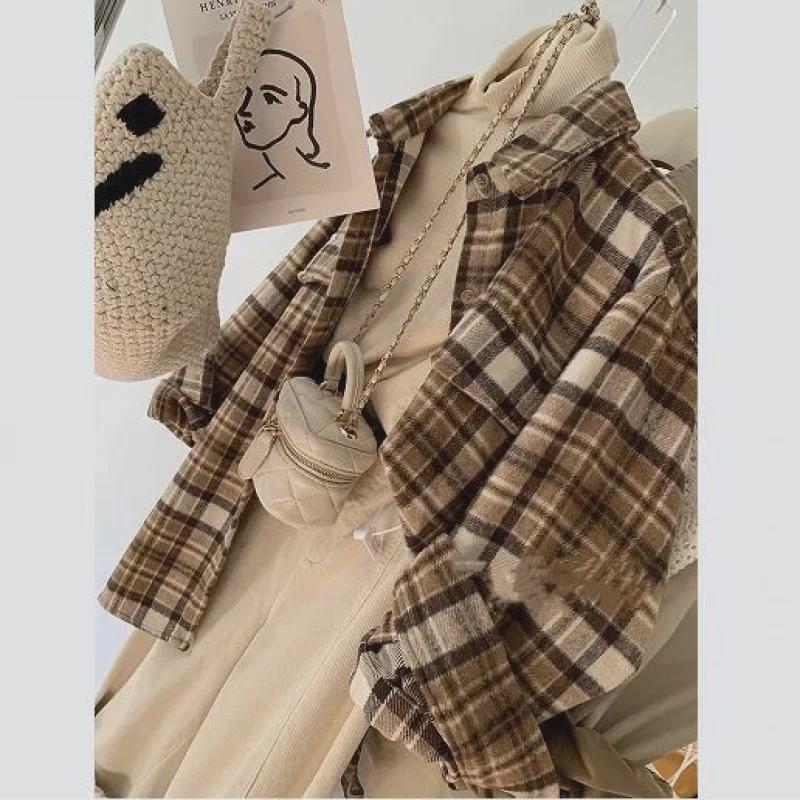 Шикарная женская рубашка в клетку из смесовой шерсти — модный ретро-дизайн с многослойными лацканами