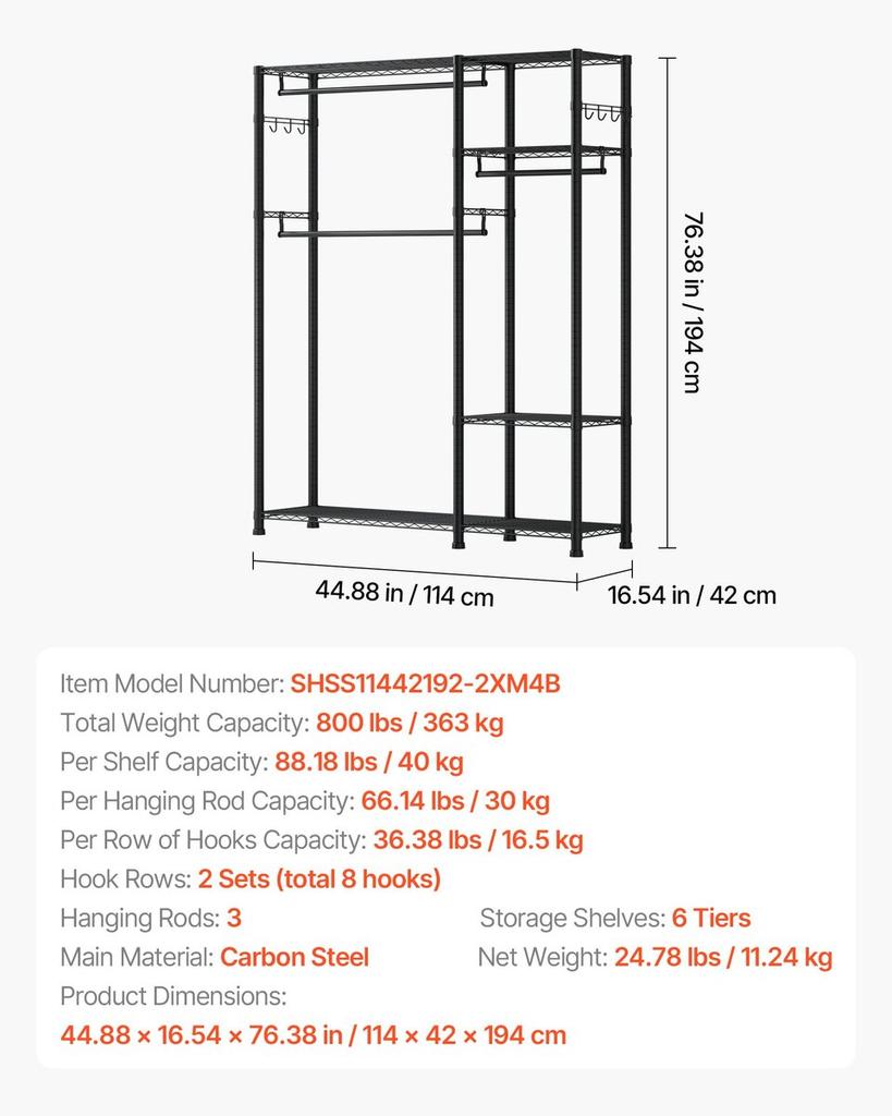 Clothing Garment Rack, Heavy Duty Clothes Rack, 6 Adjustable Tiers Clothes Racks with Steel Frame, 363 kg Load Capacity Closet Wardrobe with 3 Hanging