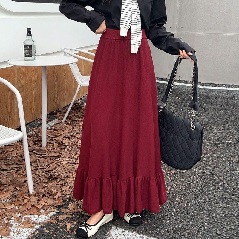 Плотная вязаная юбка-полусолнце Осень/Зима Новый популярный стиль Лист Высокая талия Слово Большая Приталенная Сшивная Средней длины Длинная юбка