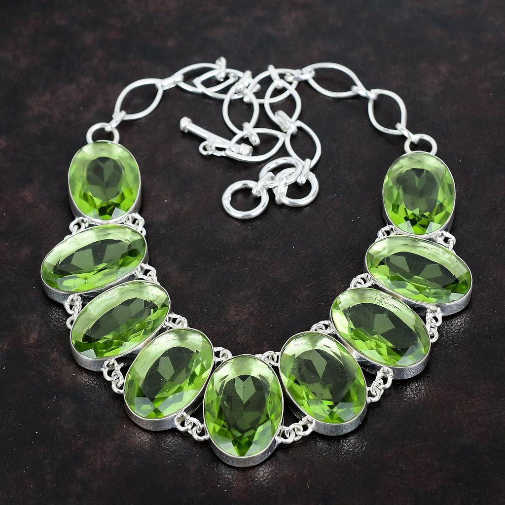Ожерелье из граненого зеленого аметиста, ожерелье из драгоценных камней, ювелирные изделия ручной работы, ожерелье из стерлингового серебра 925 пробы, регулируемая цепочка, ожерелье, подарки для женщин