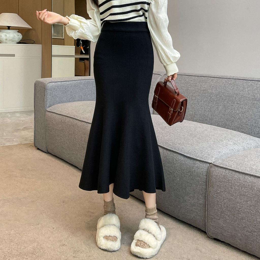 Autumn Winter Streetwear Knitted High Waist Package Hip Skirt Korean Fashion Fishtail Skirt Elegant Office Lady Long Skirt Women