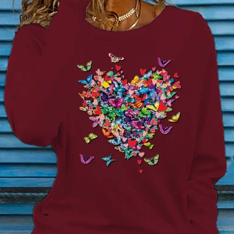 Топы для женщин с принтом в виде летящей бабочки, круглым вырезом и длинным рукавом, футболка на осень, облегающий женский топ с длинным рукавом