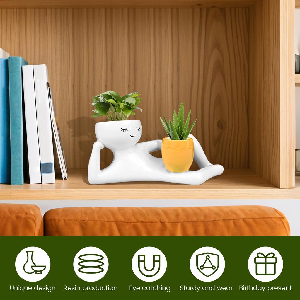 Lazy Guy Planter Resin Funny Succulent Plant Pot with Drainage Hole Desktop Flower Pot Greenery Vase Container Home Office Decor