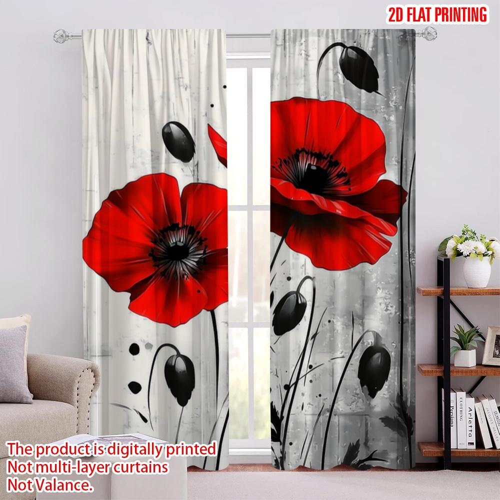 2Pcs,2D Plane Printing Curtain Popular Red Poppy Duo Versatile Fabric (Without Rod) Home Decor Ldeal For Season Home Decor For