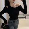 Модная трикотажная футболка с открытыми плечами и длинными рукавами, весна-осень, черный косой воротник, короткая внутренняя часть, повседневные футболки, элегантная базовая облегающая одежда