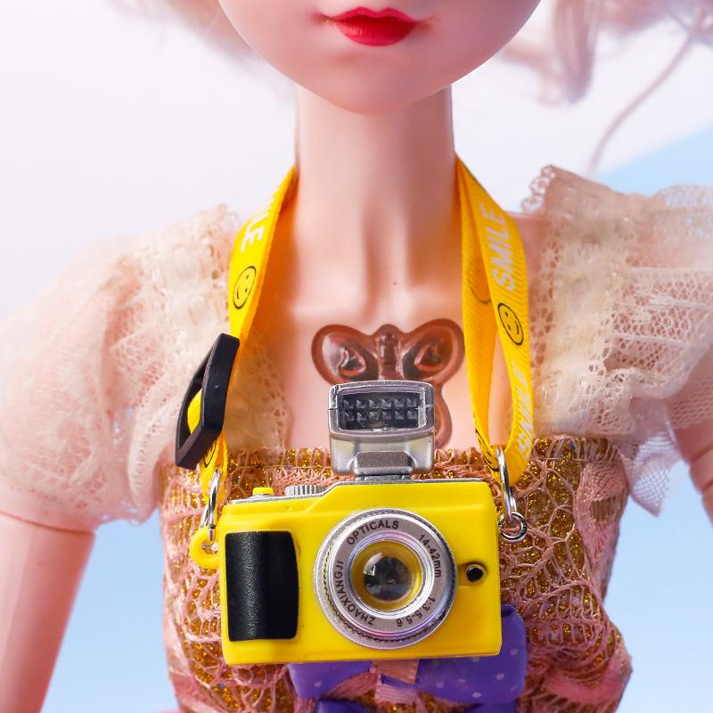 Smiling Plush Toy Dog with Webbing Strap and Sounding Cartoon Camera Pendant Necklace