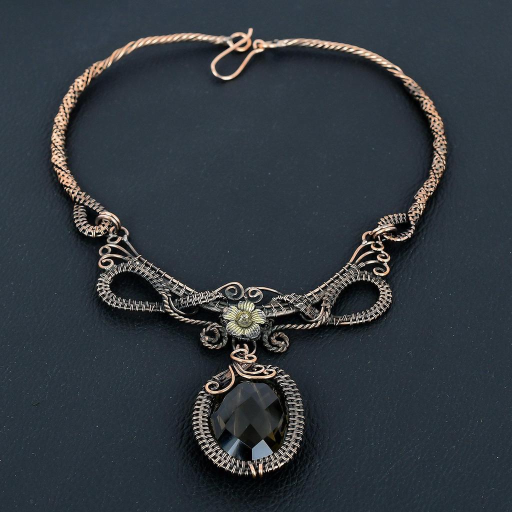 Ожерелье из дымчатого топаза Ручная работа, Ожерелье, обернутое медной проволокой 999 пробы, Дизайнерское украшение с драгоценным камнем, Ожерелье с регулируемой цепочкой, Подарок для мамы