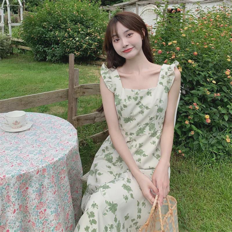 Летнее платье 2022 года с французским квадратным вырезом и цветочным принтом, с А-образным силуэтом, утягивающим талию