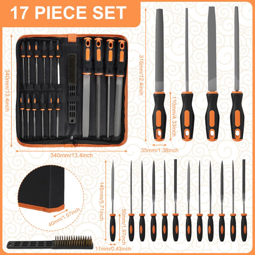 17Pcs Metal File Set 12 Inch Professional High Carbon Steel Files Includes Long and Needle Filing Tools for Wood Glass and Metal
