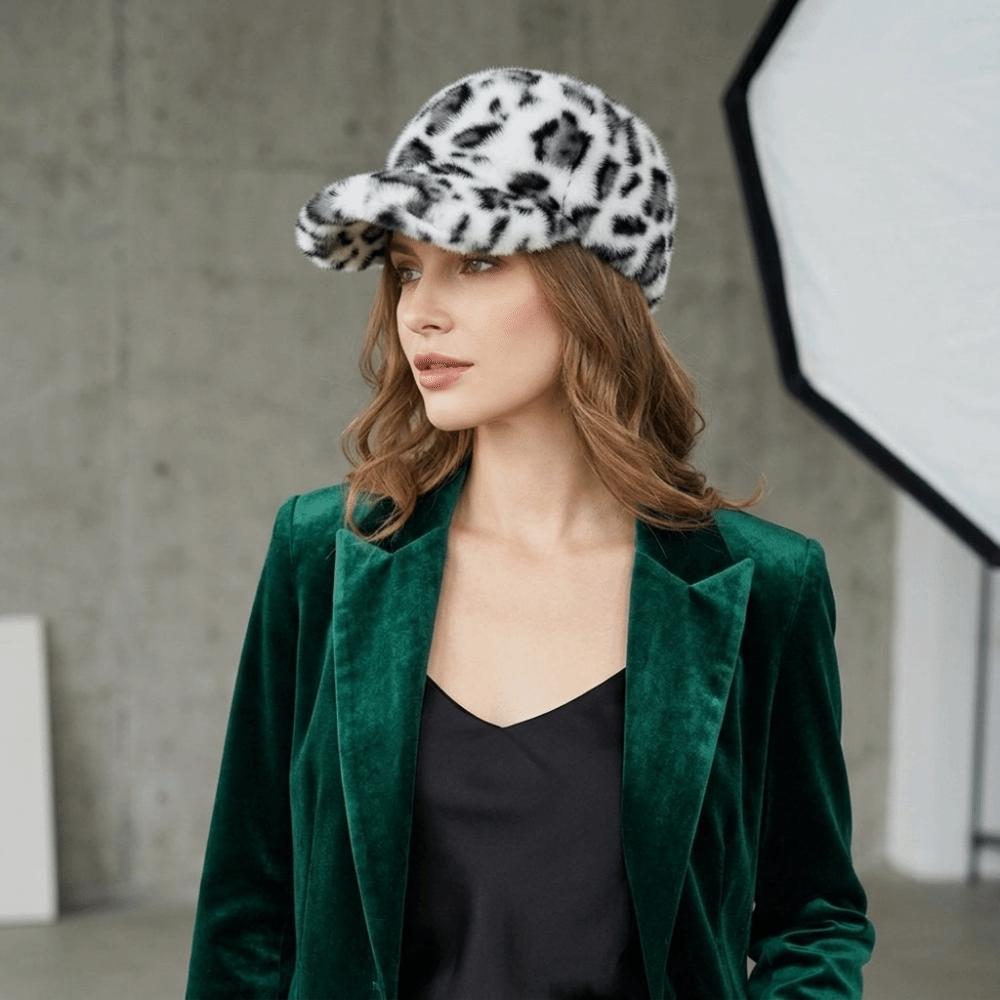 Adjustable Fit Faux Mink Cap Leopard Print Plush Hat Retro Baseball Cap Autumn Wear