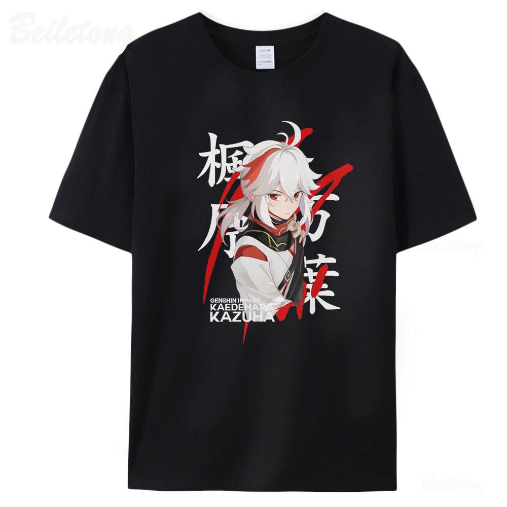 Genshin Impact Kaedehara Kazuha Футболки Мужчины Женщины Футболки унисекс с короткими рукавами 100% хлопок Летняя уличная одежда с принтом О-образным вырезом Черные топы
