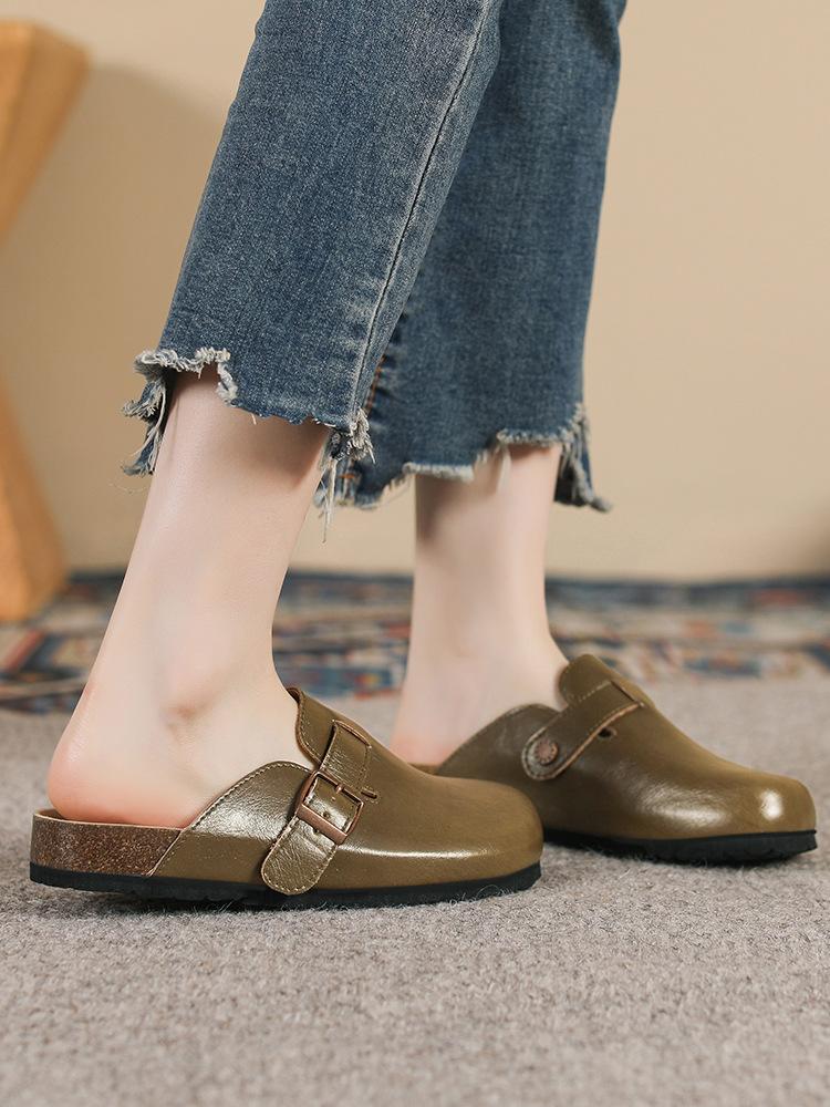 Spot Korean Version of Retro Leather Bag Head Half Drag Women 2024 New Simple and Versatile Comfortable Thick-soled Soft-soled Boken Shoes