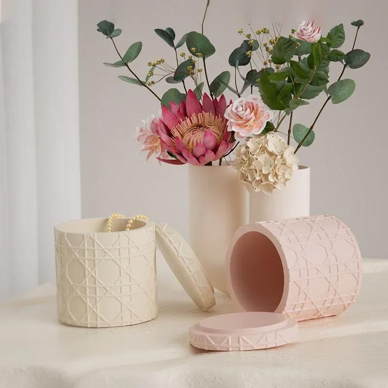 DIY форма для чашки свечи Керамическая форма для цветочных горшков с узором из ротанга Коробки для хранения с крышками Силиконовые формы Банки Бутылки Гипсовая форма