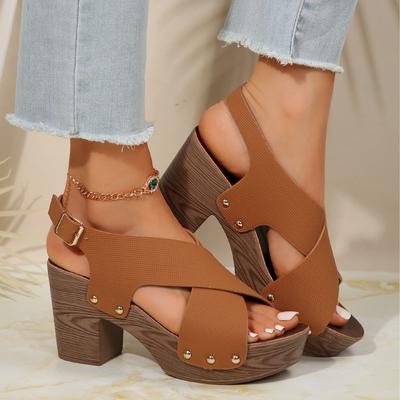 Женские однотонные стильные сандалии, на платформе с пряжками крест-накрест, на толстом каблуке, с заклепками, повседневная обувь на каждый день