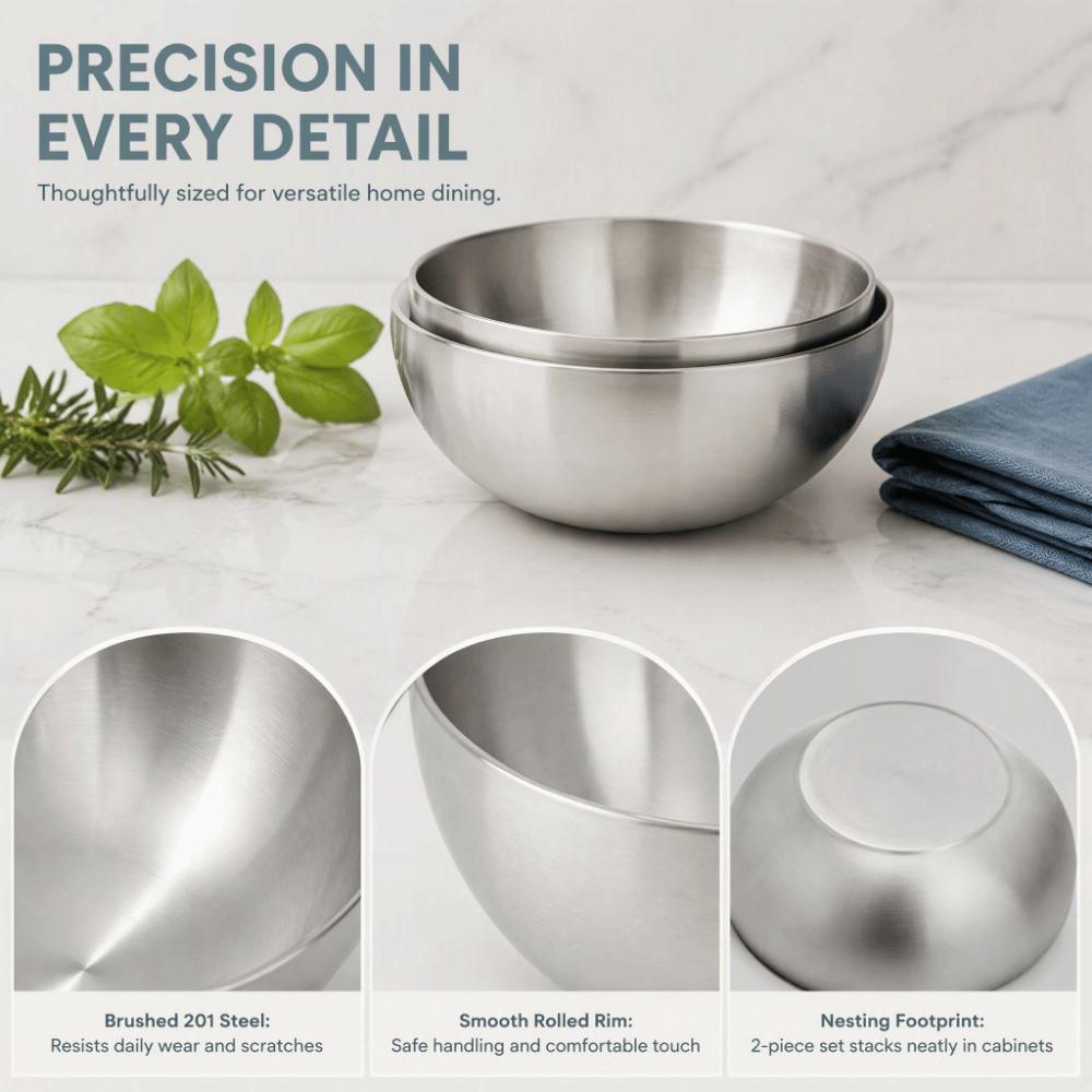 2pcs Stainless Steel Mixing Bowl Round Shape Kitchen Serving Bowl For Restaurant