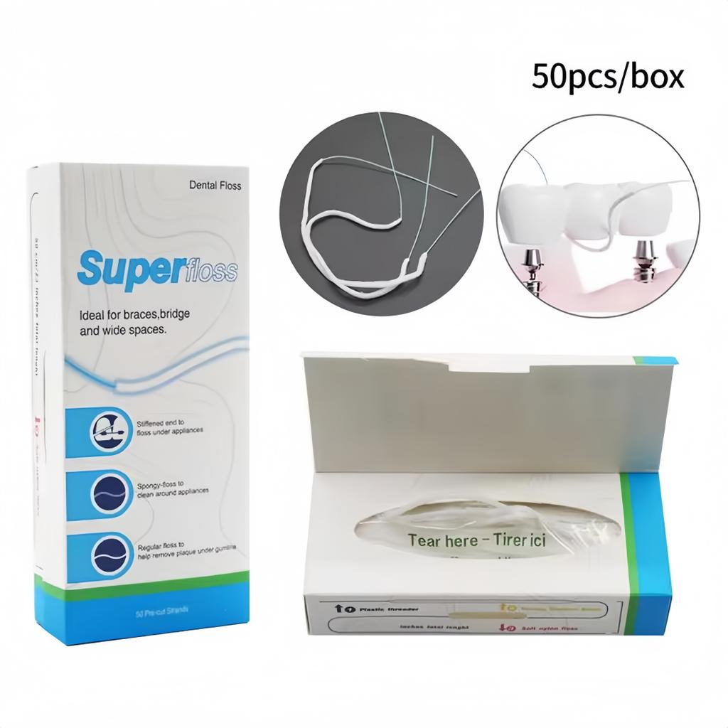 50PCS/Box Two Section Orthodontic Flosser Teeth Threader Oral Cleaning Denture Braces Cleaning Floss Dental Ultrafine Floss Box