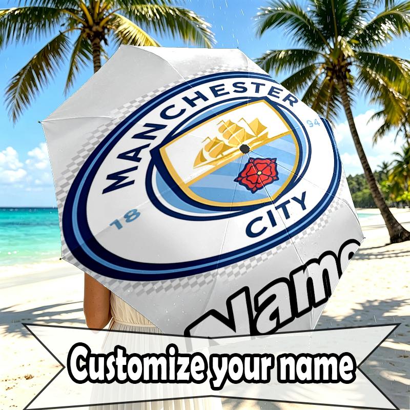 Custom Name Personalized Manchester City FC Print Umbrella, Auto Open Close, 8‑Rib Sturdy Frame, Commute Camping Hiking Use, Birthday Gift