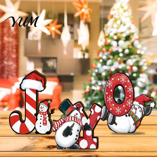 Wooden Holiday Table Sign 3Pcs/Set Christmas Snowman Ornaments with JOY Letters, Cute Stable Tabletop Accent Base Desktop Decoration for Party Dinning