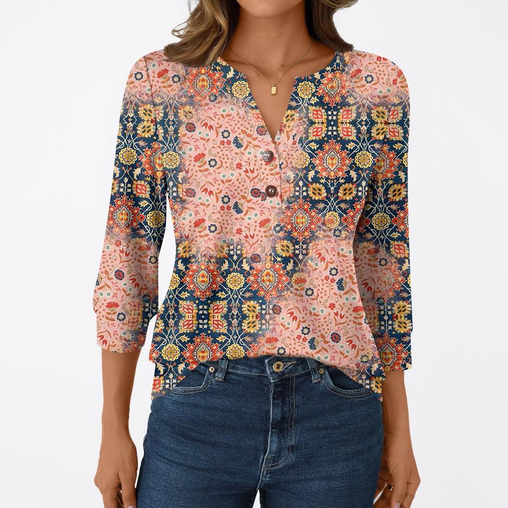 Женская модная повседневная футболка с рукавом 3/4, с принтами, V-образным вырезом и пуговицами