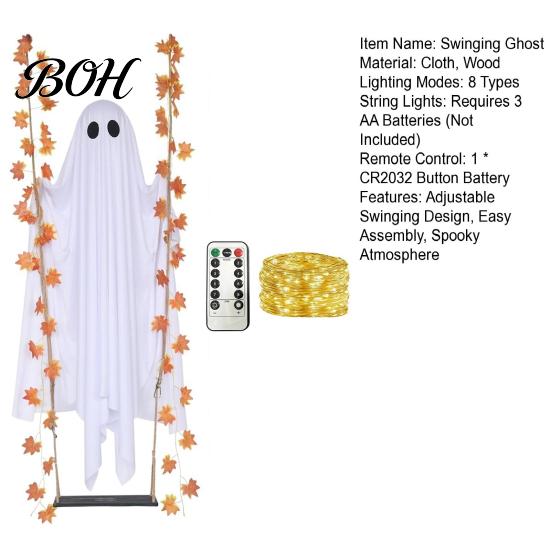 Waterproof Patio Tree Hanging Props Swinging Ghost Halloween Decoration for Outdoor Garden Yard, Weighted Fabric Flying on A Swing with LED