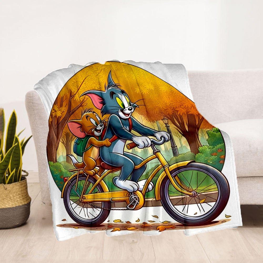 Tom & Jerry Bicycle Adventure PosterBlanket Flannel Throw Blanket for Sofa, Bed, Travel, Camping, Office