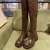 Вымытая коровья кожа~ Натуральная кожа Толстый каблук Ботфорты выше колена Женские ботинки на толстой подошве Облегающие ботинки Длинные ботинки-рыцари