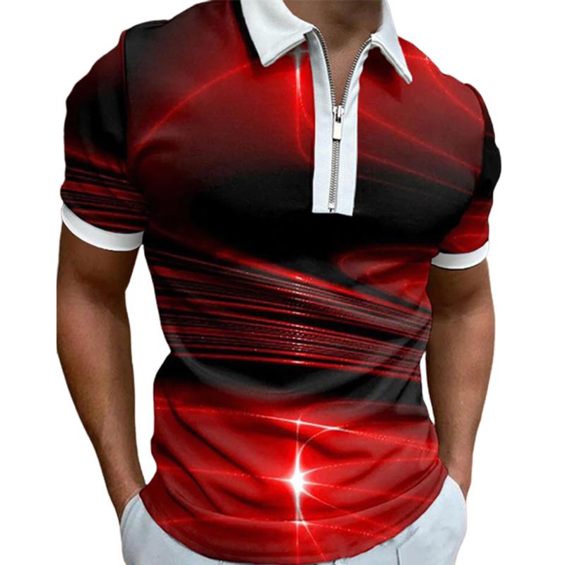Casual Lapel T-shirt Young Men's Fashion Zipper T-shirt Short Sleeve T-shirt Men's 3D Jumping Notes Print T Shirt