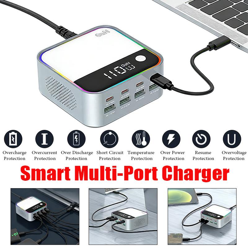 Настольное зарядное устройство 120 Вт USB Универсальное Многопортовое PD Быстрое зарядное устройство с многоцветной подсветкой для мобильных телефонов и ноутбуков