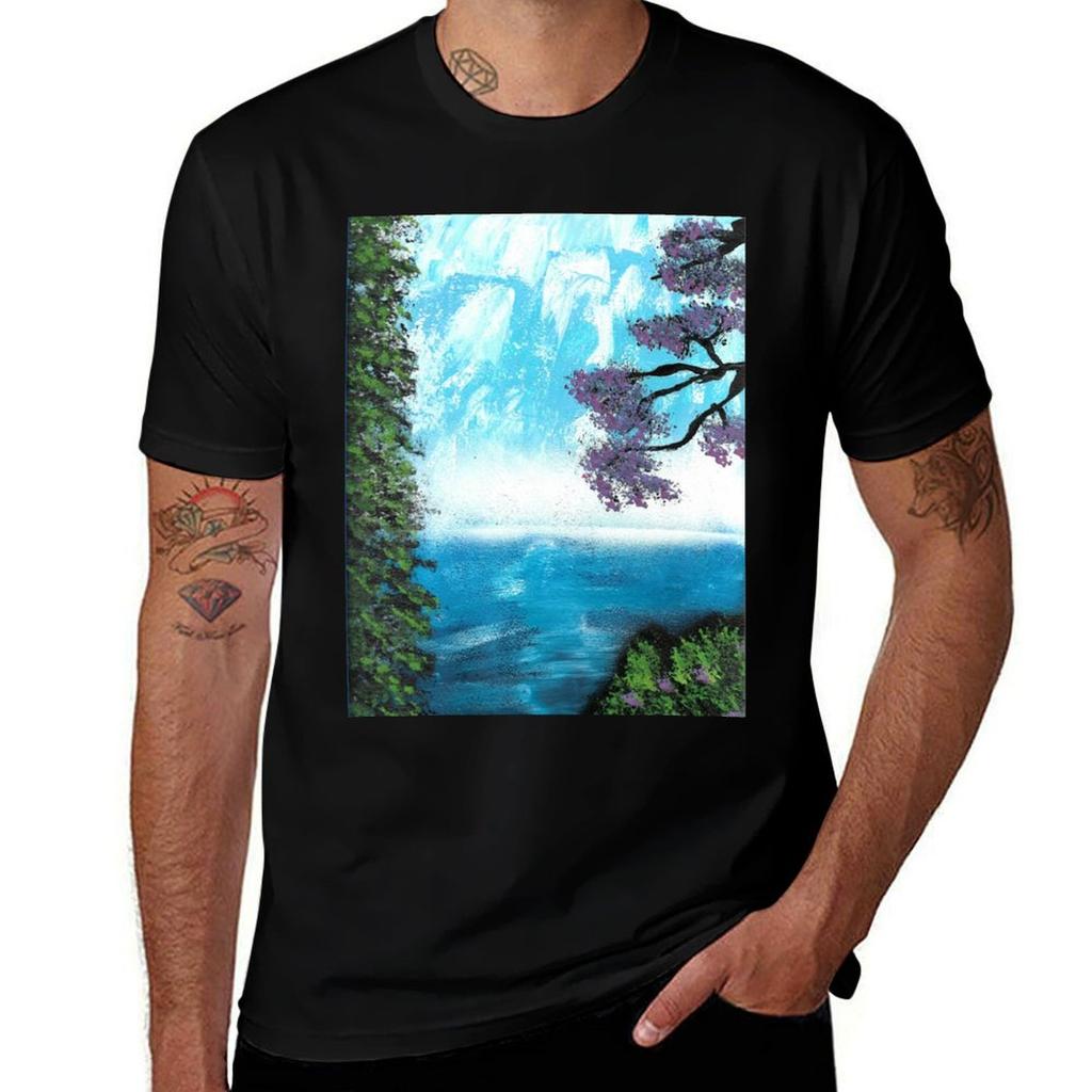 Waterfall Nature Spray Paint Art Tshirt Basic Solid Color Short Sleeve Tshirt