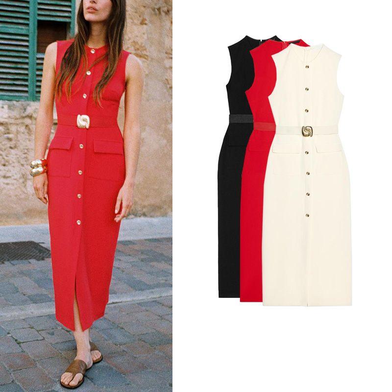 Summer New Product Women's Clothes Decorated Row Button with Belt Crepe Sleeveless Round Neck Midi Skirt Dress 3897054