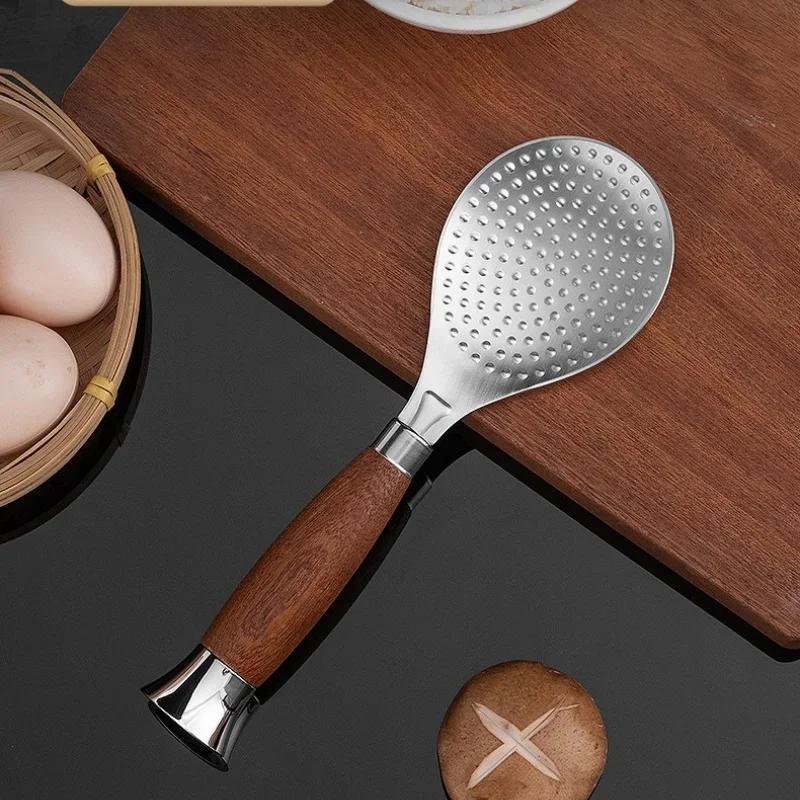 1/2Pcs 304 Stainless Steel Rice Spoon with Upright Wooden Handle Thickened Rice Scoop Kitchen Cooking Rice Cooker Accessory