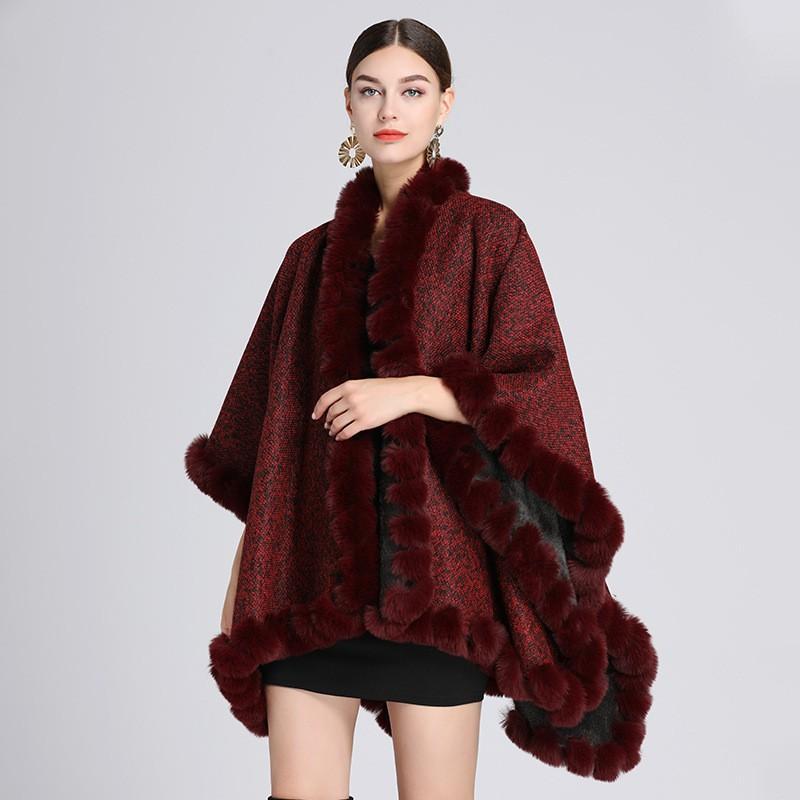 Женский oversized вязаный кардиган с воротником из искусственного меха рекса, теплый шаль-накидка, рукава летучая мышь, V-образный вырез, Осень 2025