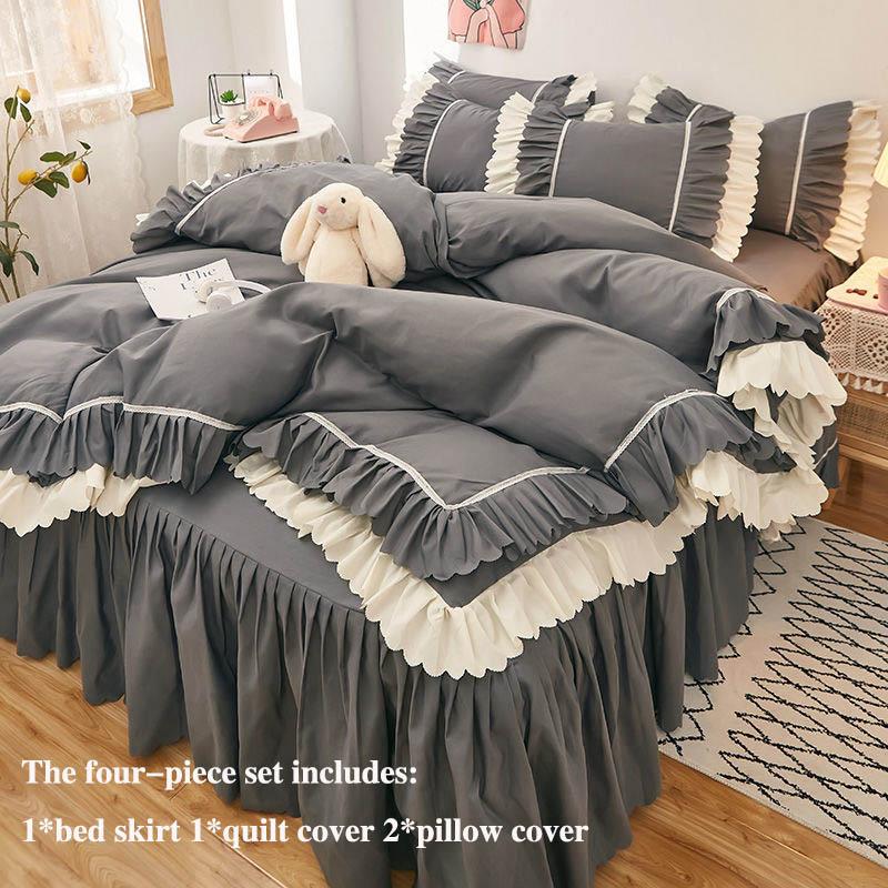 Four-piece Bed Skirt Thick Brushed Korean Style Bed Skirt and Quilt Cover Three-piece Princess Style Bedding