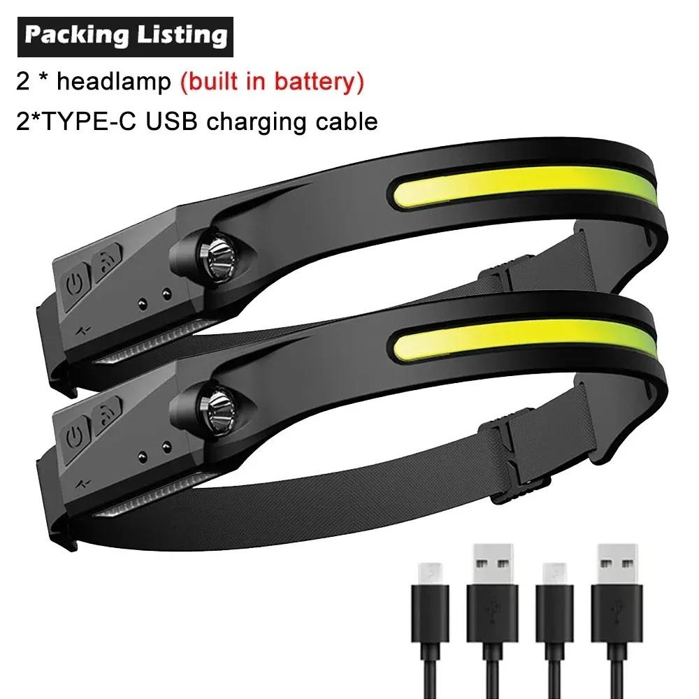230°Яркий налобный фонарь LED с датчиком Встроенный аккумулятор USB-перезаряжаемый налобный фонарь для кемпинга, рыбалки на открытом воздухе