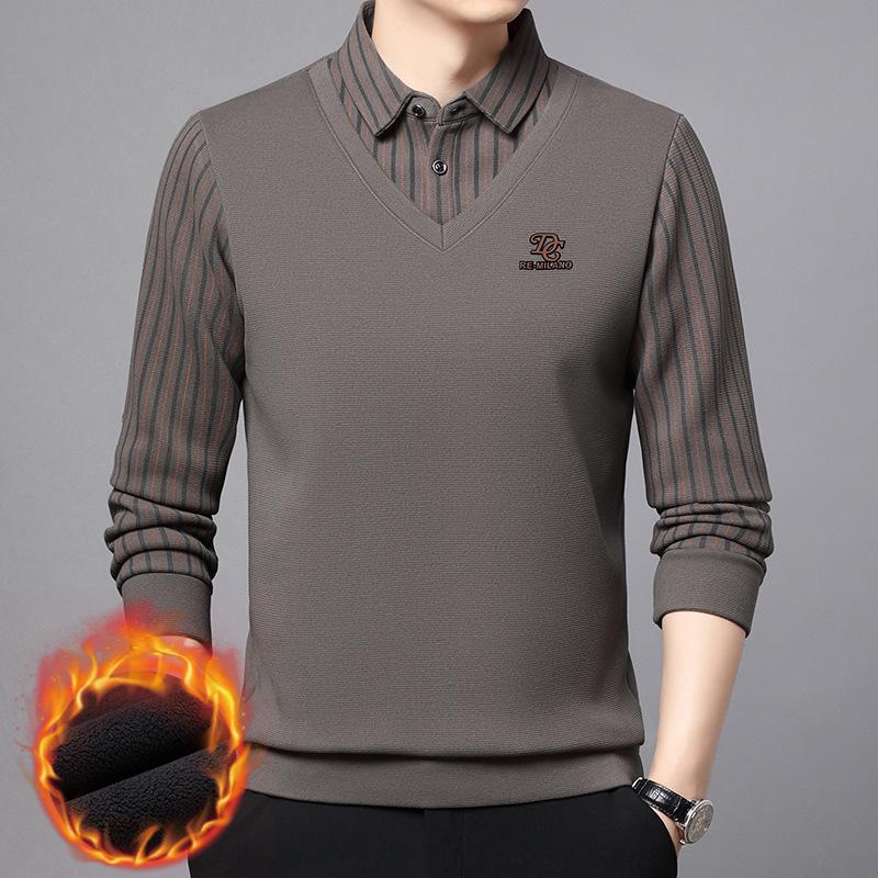 Men's Winter Wool Silk Lapel Two-in-One Sweater with Fleece Lining