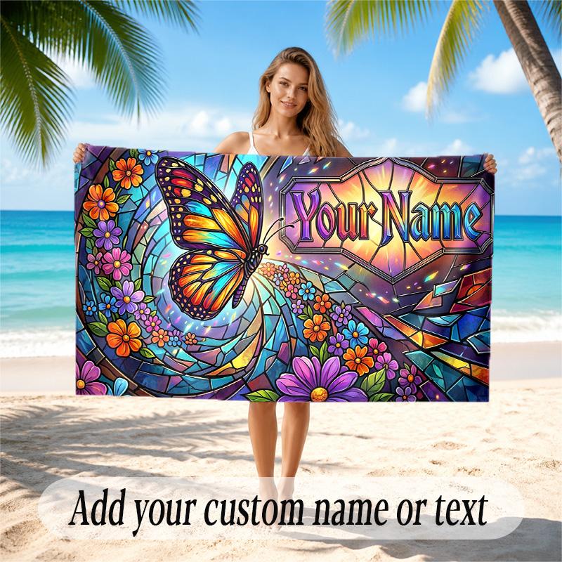 Floral Garden Theme Quick Dry Beach Towel Custom Name Text Print Large Sand Resistant Towel Beach Vacation