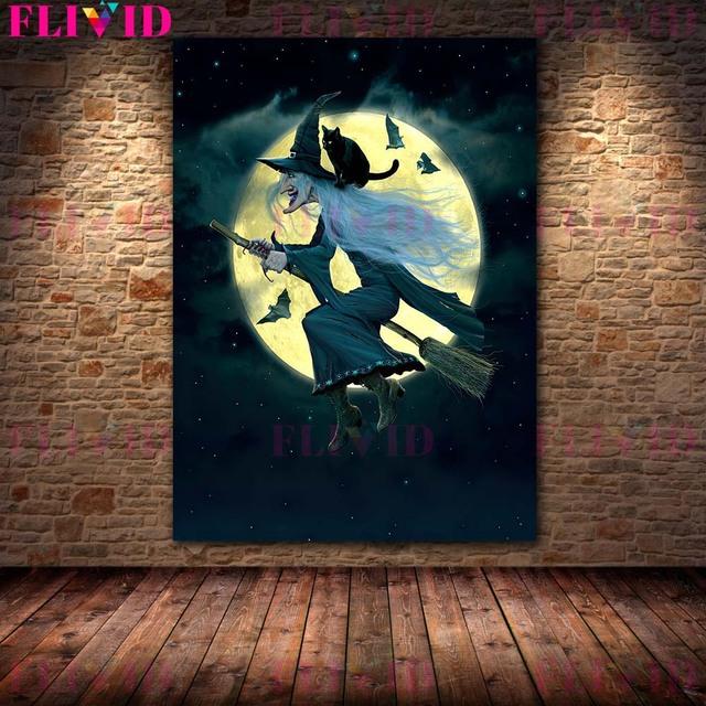 Ведьма и ее кот Настенная картина маслом «Тыквенная ведьма в дождливую ночь» Украшение гостиной