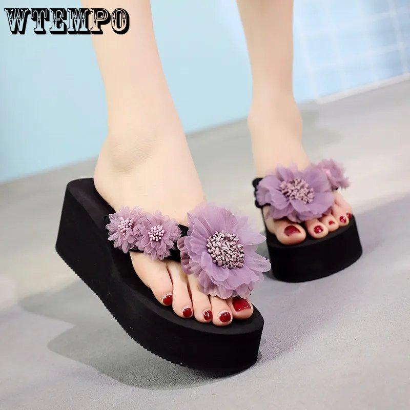 Flower Slope Heel Flip-flops Thick Soled High Heeled Slippers Women Beach Anti-skid Slippers Fashion Lightweight Comfortable Simple Casual