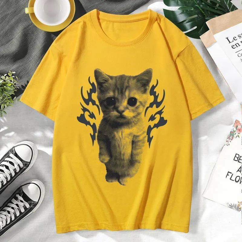 Summer Fashion Streetwear Oversized Tshirts YK Goofy Cat Funny Meme T Shirt Unisex Women Os Vintage Style Short Sleeves Tshirt