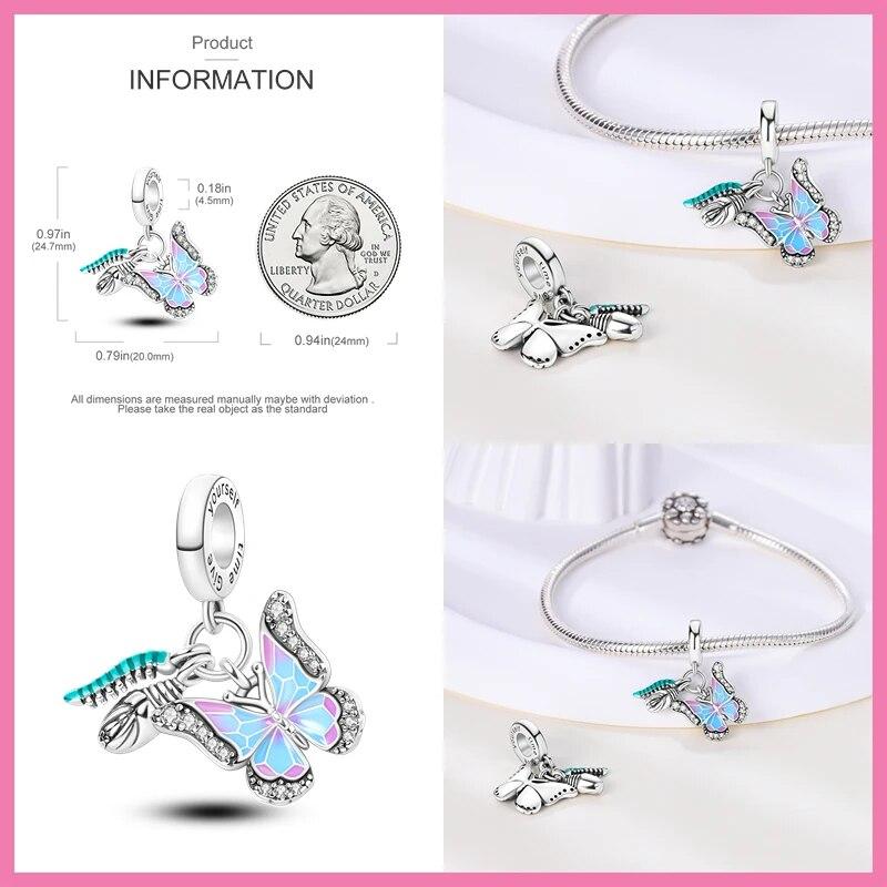 100% стерлингового серебра 925 пробы, летний тюльпан, подсолнух, розовая бабочка, ловец снов, подвески FitNew, браслет, ожерелье, ювелирные изделия для женщин