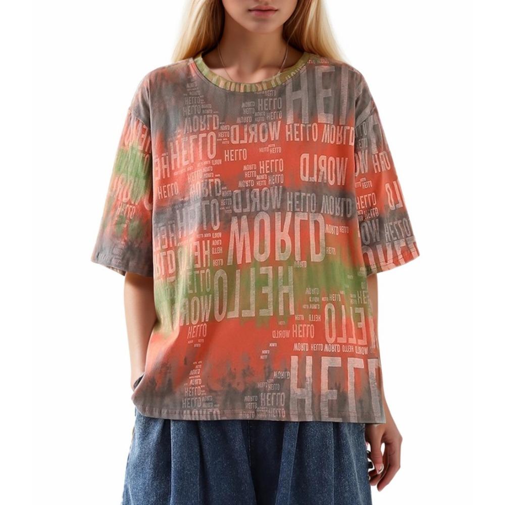 Dimanaf 2024 футболка больших размеров женские топы свободные хлопковые летние футболки с короткими рукавами и круглым вырезом 4XL