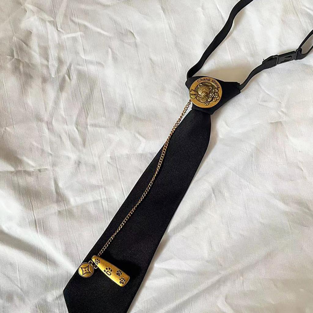 Japanese Vintage Necktie with Metal Bear Pin Chain Student Uniform Adjustable Pre Tied Neck Tie Shirt Collar Neckwear