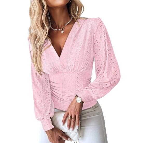 Женская рубашка с V-образным вырезом, длинным рукавом, ажурным узором, футболка, обтягивающая талия, повседневные летние топы, однотонная блузка
