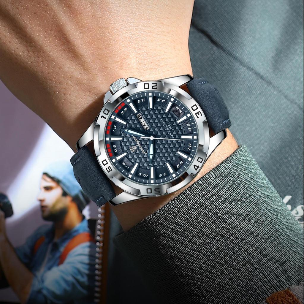 POEDAGAR 895 Business Luminous Hands 30M Waterproof Watches Fashion Genuine Leather Band Mens Quartz Dual Calendar Watch for Men