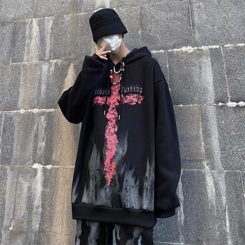 Зимние толстовки для мужчин, уличная одежда в стиле хип-хоп, Harajuku, черная толстовка с готическим принтом, плюс бархат, большие размеры Y2k