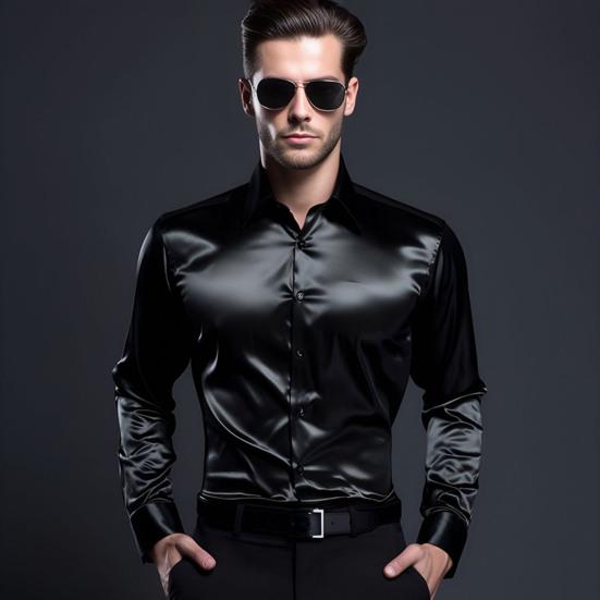 Men Dress Shirt Glossy Surface Satin Solid Color Turn-down Collar Button-down Mid Length Formal Busines Shirt Party Club Shirt