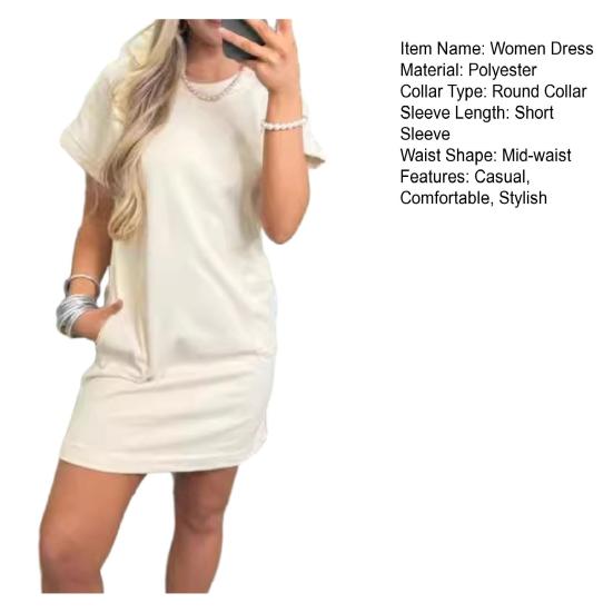 Женское платье-футболка с коротким рукавом, повседневное короткое платье с круглым вырезом и карманами, летнее мини-платье-футболка