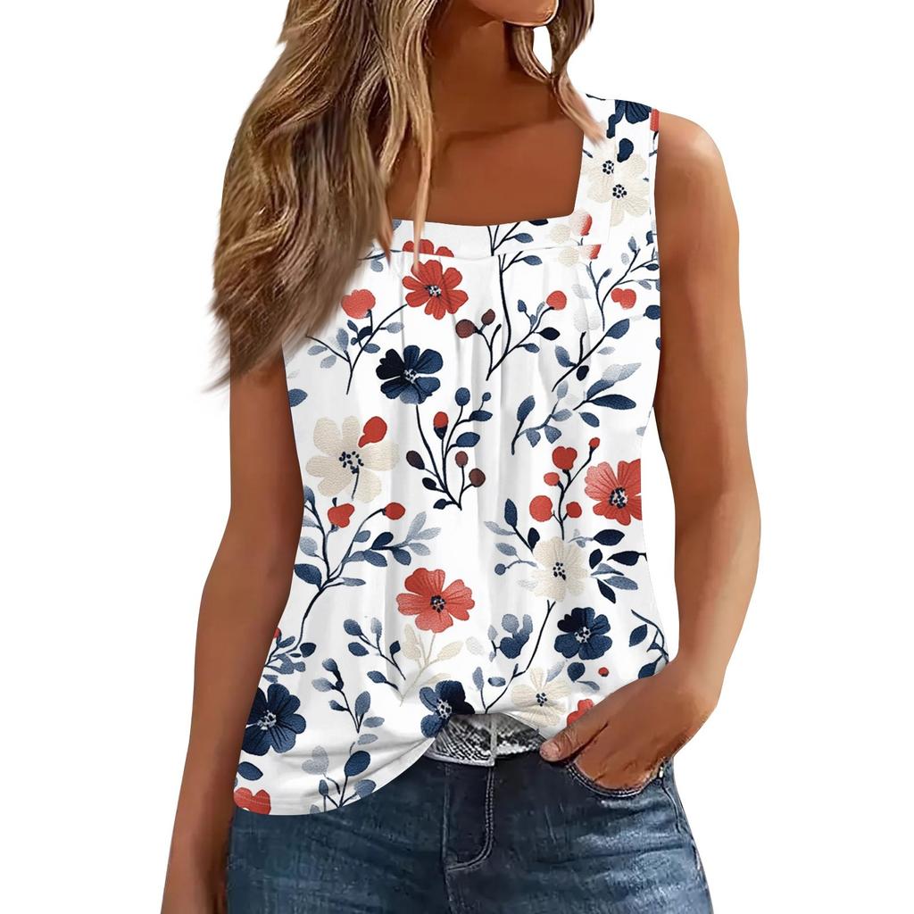 Женская плиссированная футболка без рукавов с квадратным воротником и принтом