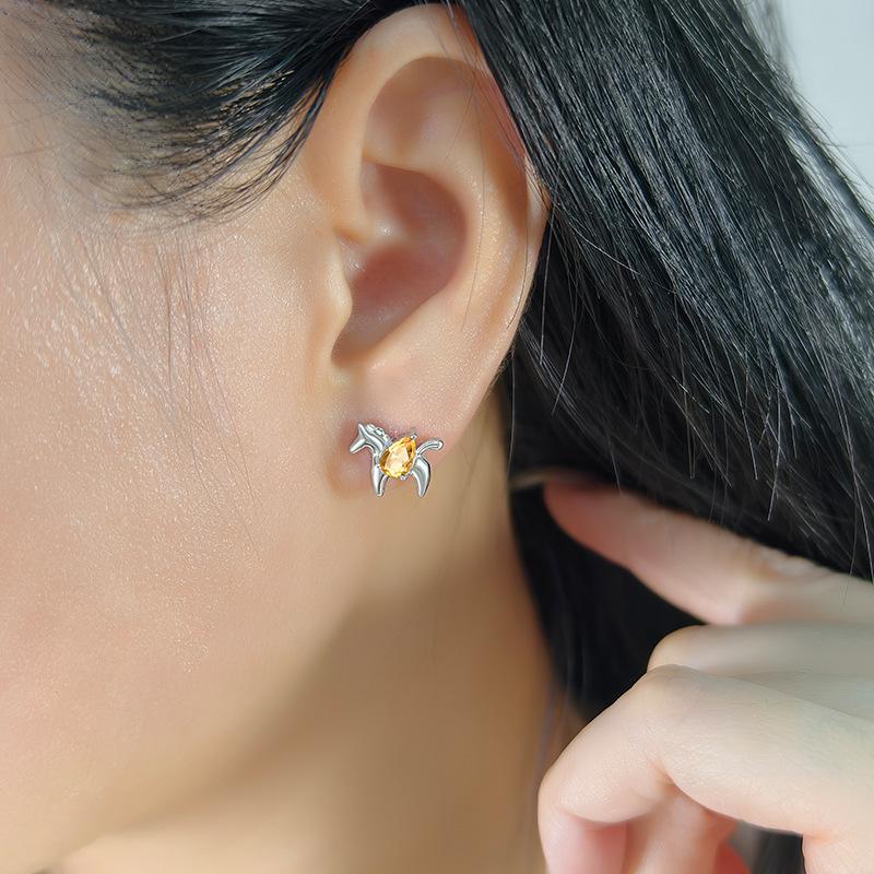 S925 Sterling Silver Horse Stud Earrings Natural Crystal/Garnet Inlaid Jewelry for Women